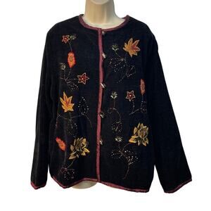 White Stag Vintage Button Up Cardigan Color Black with Floral Prints Size 12/14